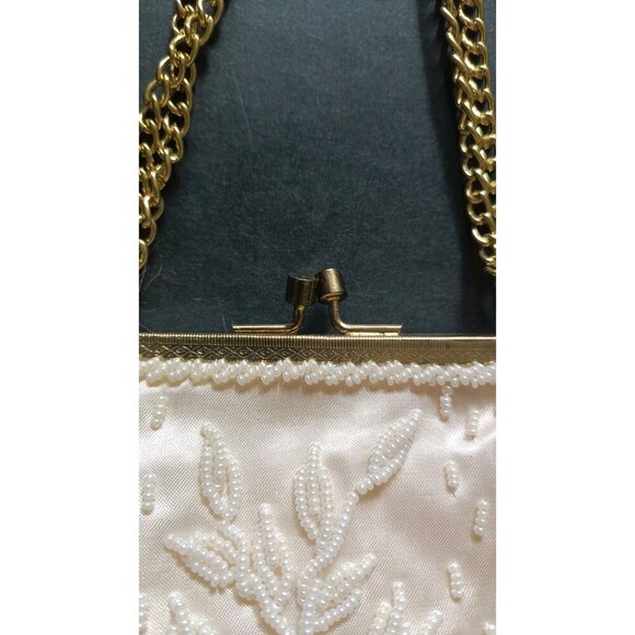 Vintage Beaded Purse Handbag Satin Beige Gold Chain Handmade Glam 1950s Style - Picture 7 of 13